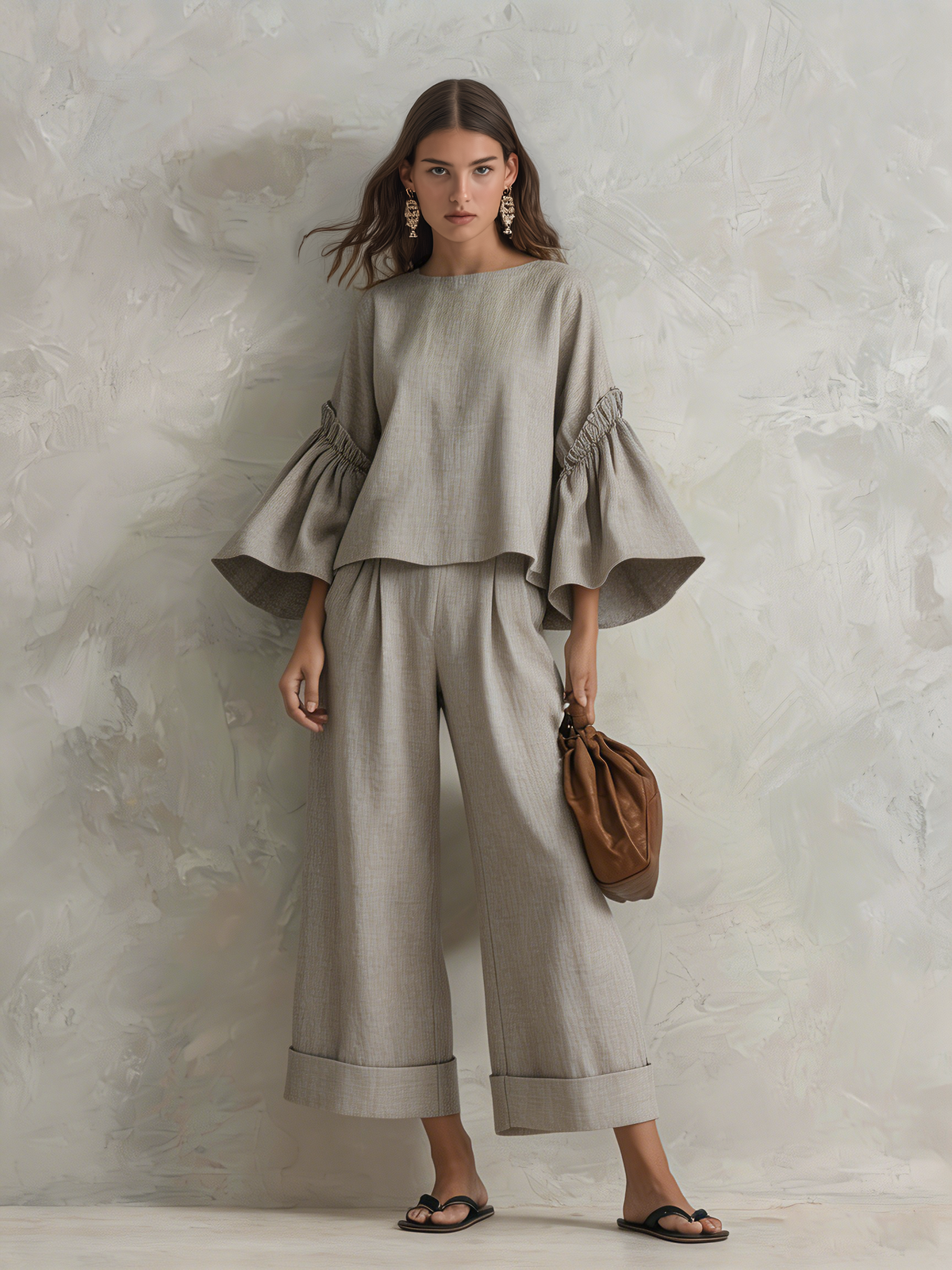 Women's Casual Grey Cotton-linen Long-sleeve Crew-neck Top Paired With Trousers MDZ1602G6LXY