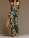 Vacation-Style Cotton-Feel Watercolor-Print Jumpsuit