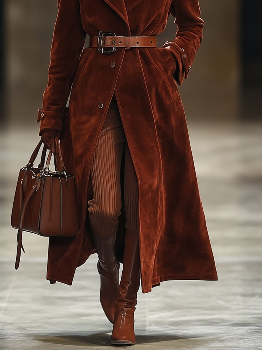 [24-hour shipping out]Casual Loose Vintage Angora Red Suede Pocket Lapel Extra Long Coat