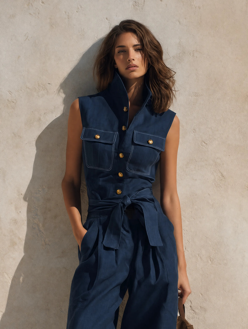 Women's Casual Navy Blue Cotton-linen Sleeveless Cropped Jumpsuit MDZ1643G5LXY