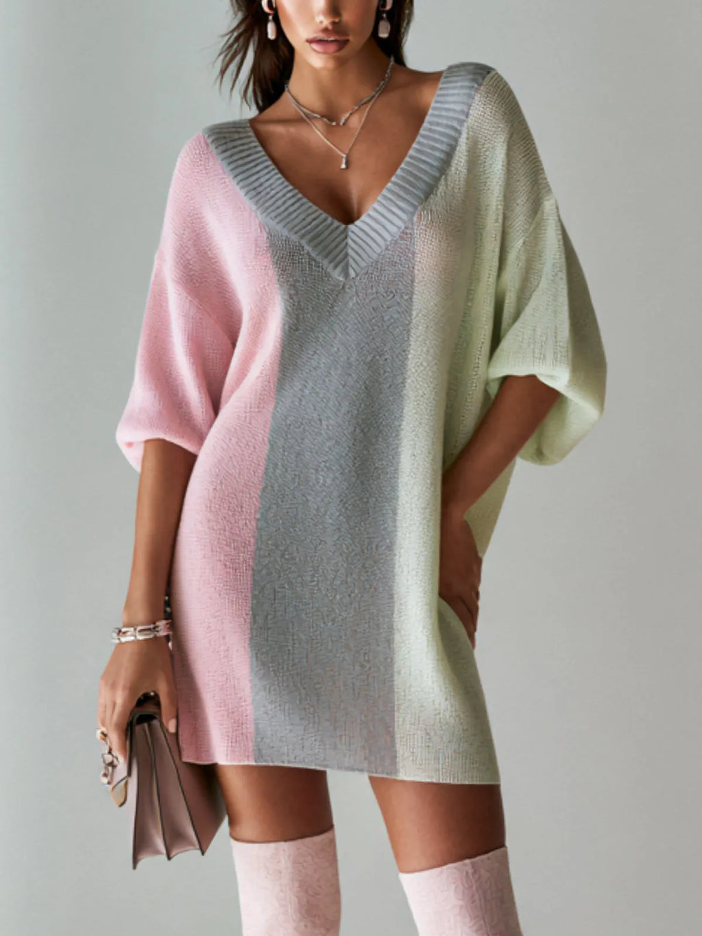 Colorblock Oversized Sweater Dress With Ribbed V-Neck Detail