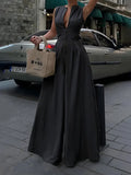 High Waisted Loose Pockets Solid Color Zipper V-Neck Jumpsuits