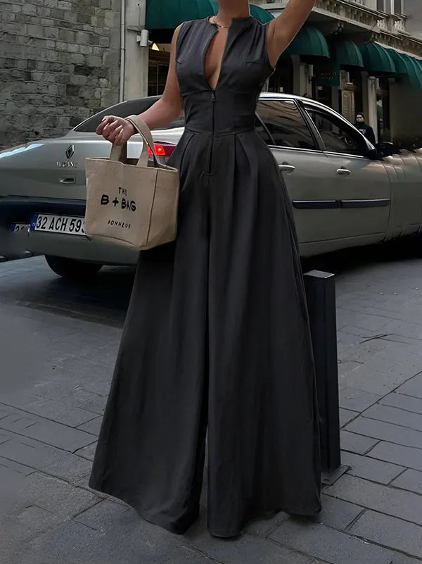 High Waisted Loose Pockets Solid Color Zipper V-Neck Jumpsuits