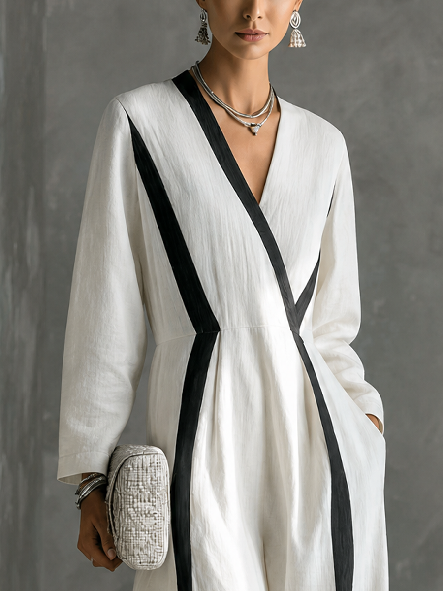Women's Minimalist Vacation Style White Cotton Linen V-Neck Color-Blocked Striped Long-Sleeved Wide-Leg Jumpsuit MDZ1382G0GMJ