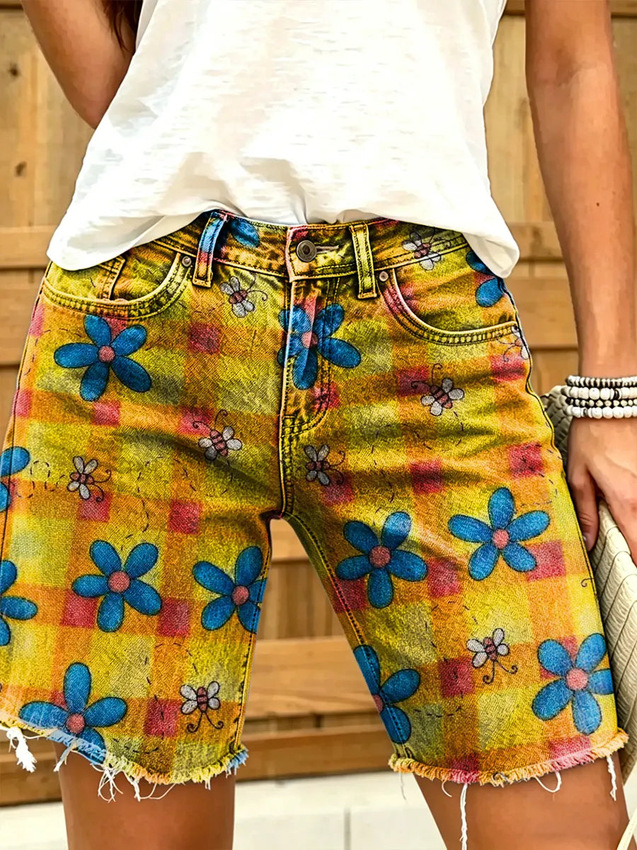 Ethnicity Flowers Bees Checkered Pattern Women's Art Print Casual Denim Shorts
