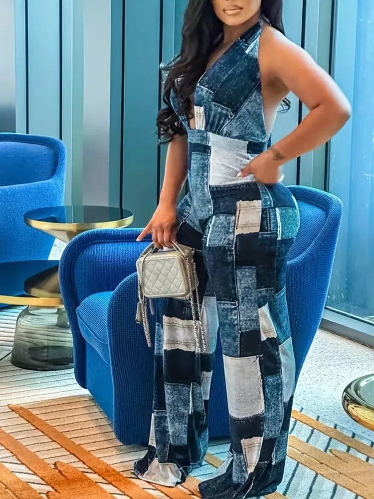 Women Halter-neck Patch Casual Denim Jumpsuit