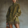 Olive Suede Fringe High-Neck Tunic Dress
