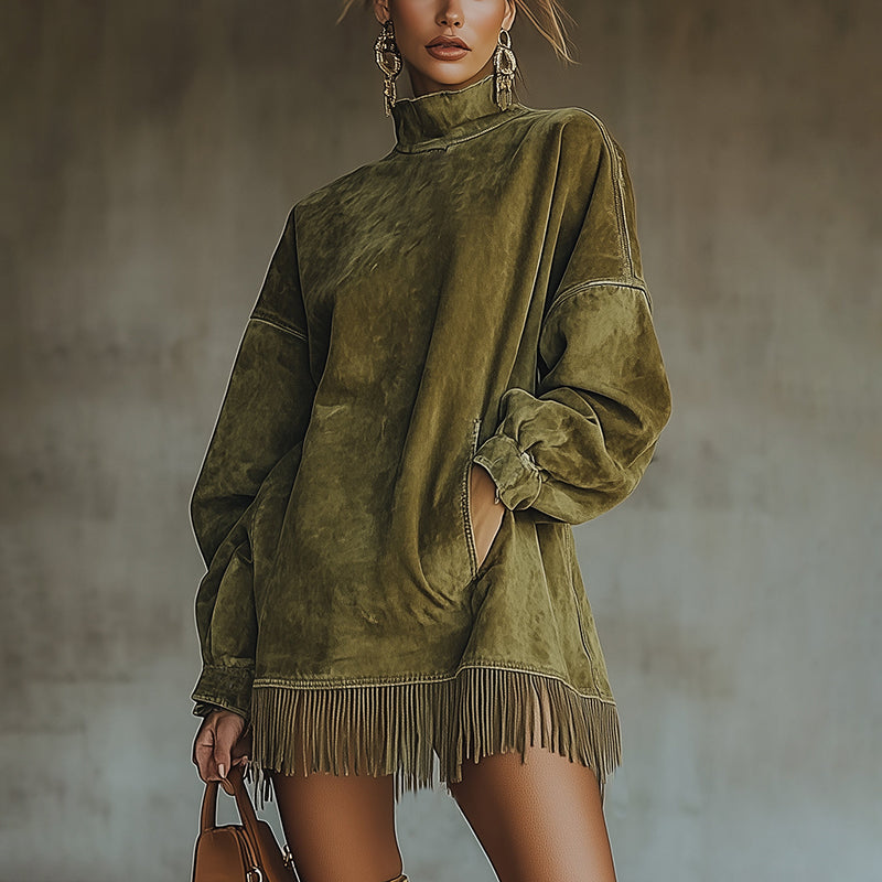 Olive Suede Fringe High-Neck Tunic Dress