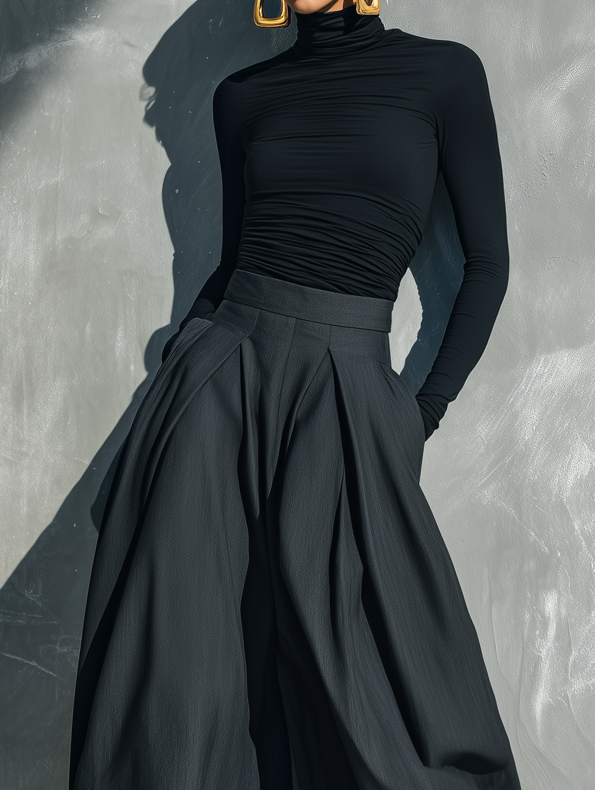 Women's Casual Black Stretch-knit Long-sleeve Top Paired With Dark Gray Woven Wide-leg Trousers MDZ2470G8LXY