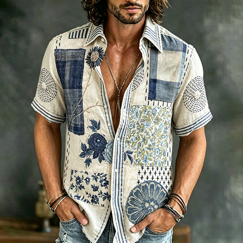 Men's Vintage Texture Embroidered Art Print Flowy Linen Blend Short Sleeve Shirt