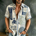 Men's Vintage Texture Embroidered Art Print Flowy Linen Blend Short Sleeve Shirt