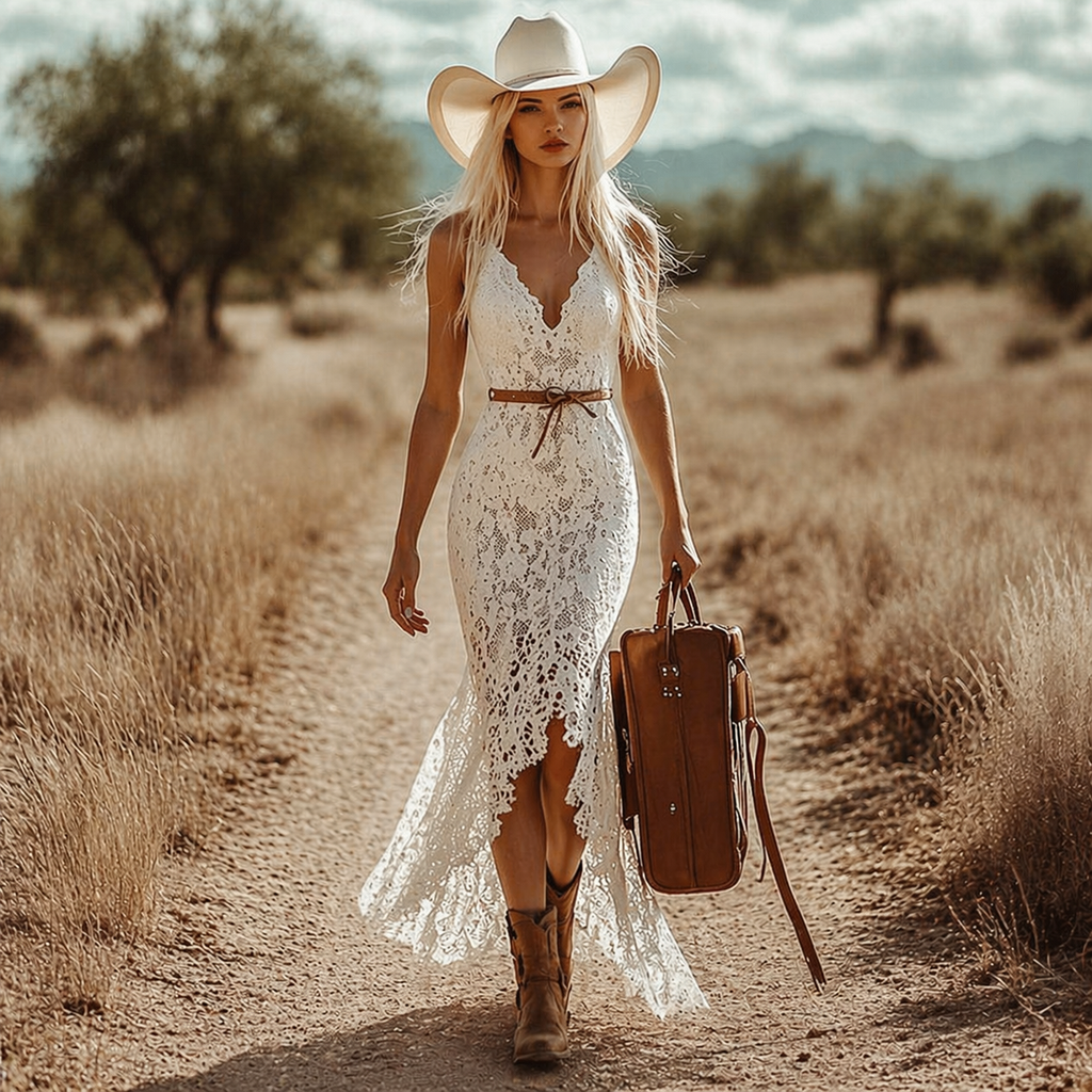 White Lace Western-Boho Maxi Dress with High Slit