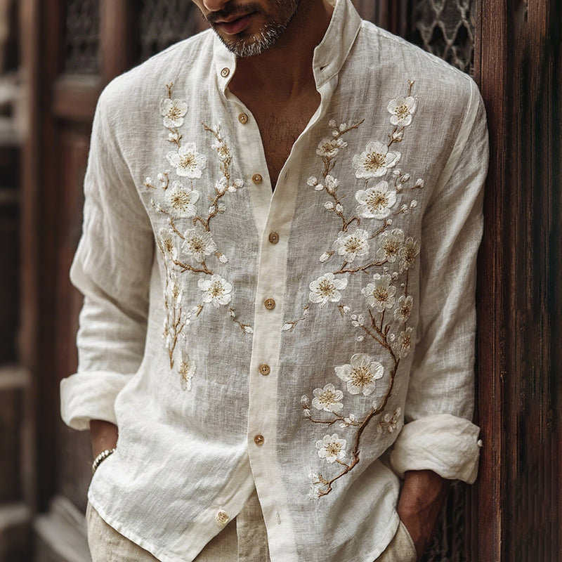Men's Vintage Cherry Blossom Embroidered Art Print Comfy Shirt