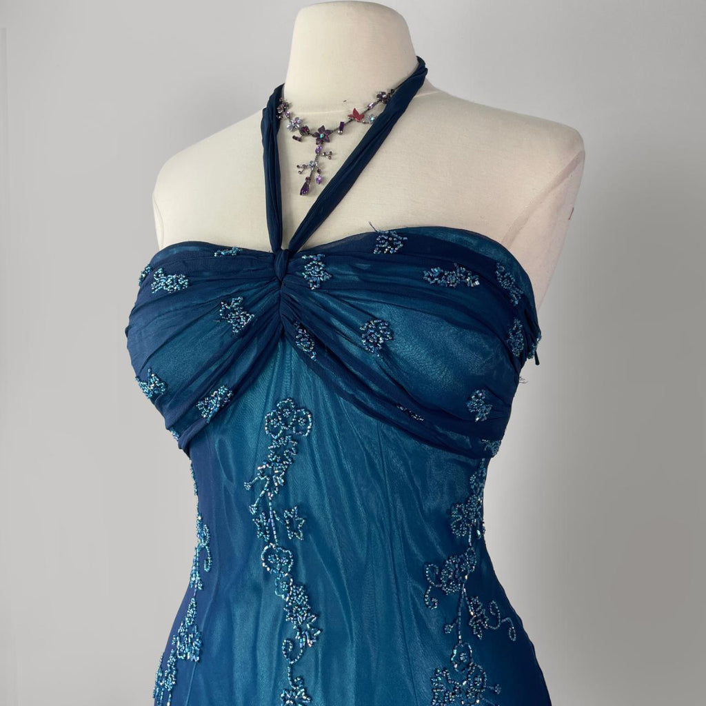 Dark Blue Fairy Mermaid Beaded Long Chiffon Formal Prom Evening Dress Wedding Guest Party Gown Dress Greek Halter Neck b
