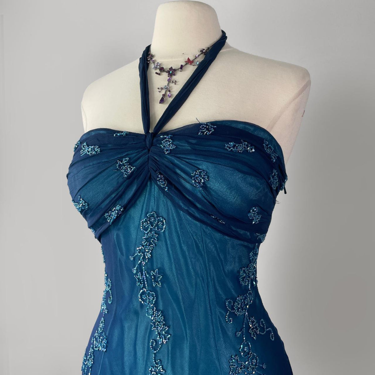 Dark Blue Fairy Mermaid Beaded Long Chiffon Formal Prom Evening Dress Wedding Guest Party Gown Dress Greek Halter Neck b