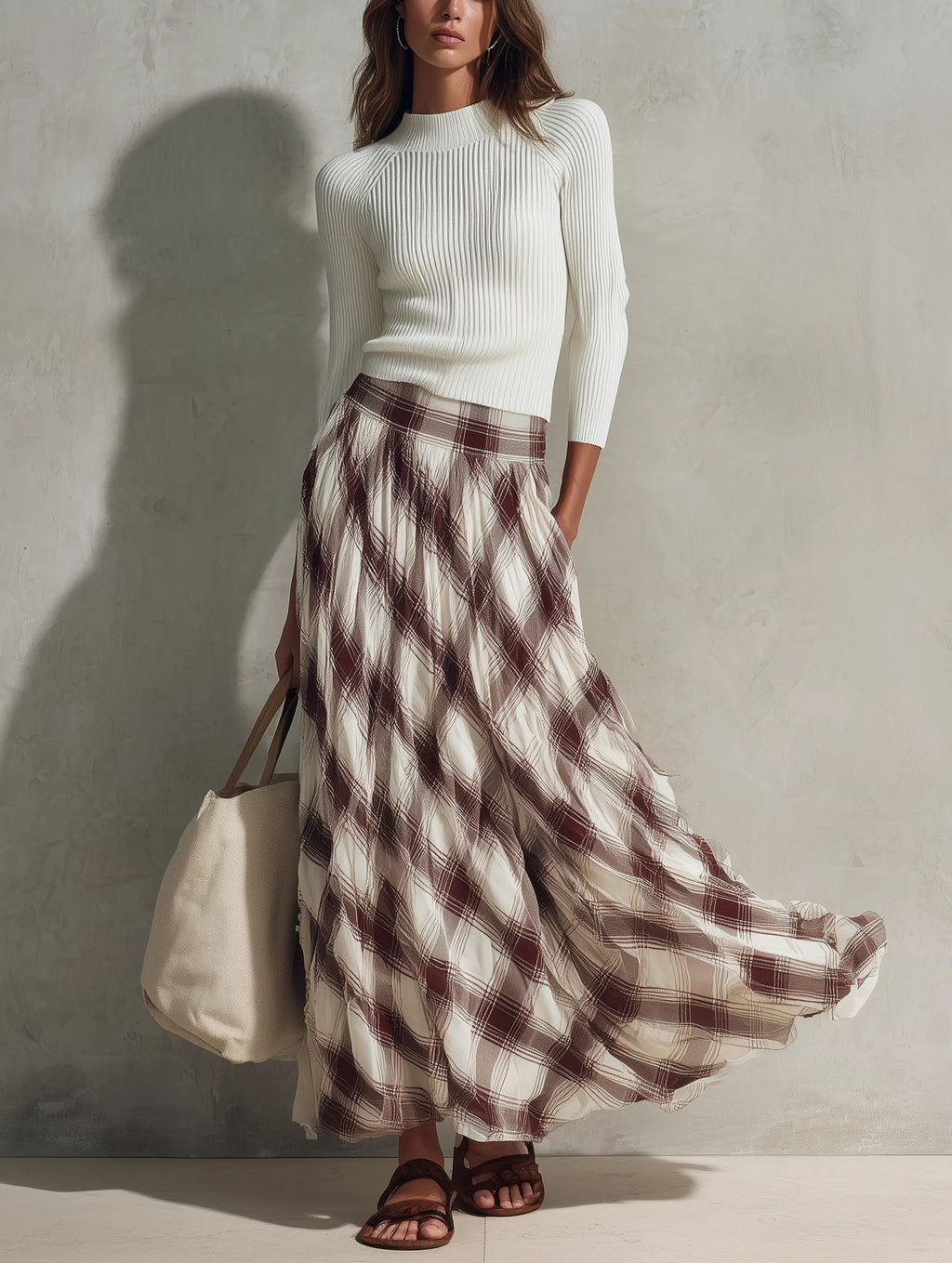 Women's Casual Off-white Long-sleeved Knit Top With A Round Neck, Paired With A Dark Red Printed Chiffon Skirt MDZ0122G6LXY