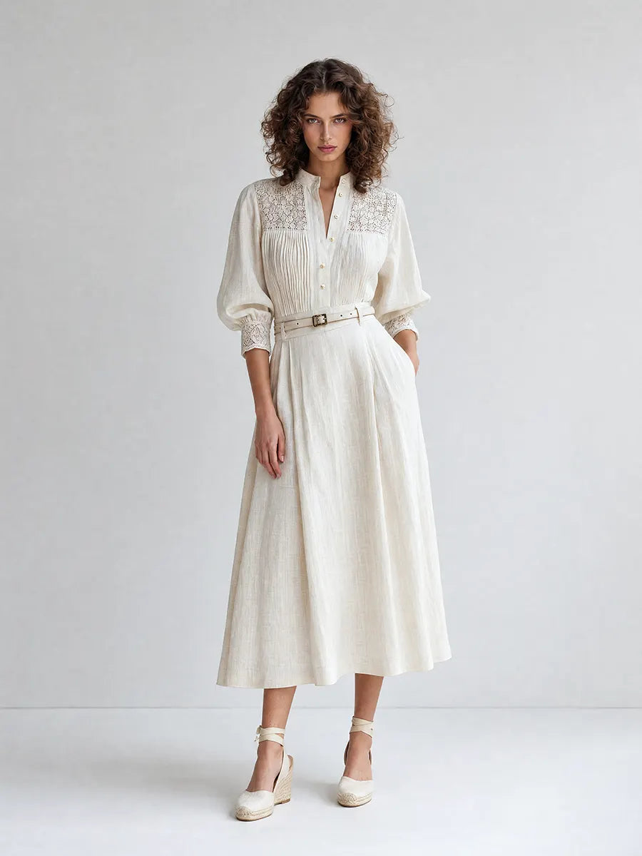 Women's Elegant Vintage White Linen Lace-Trim Stand-Collar Three-Quarter Puff-Sleeve Midi Dress MDZ2102G9CMX