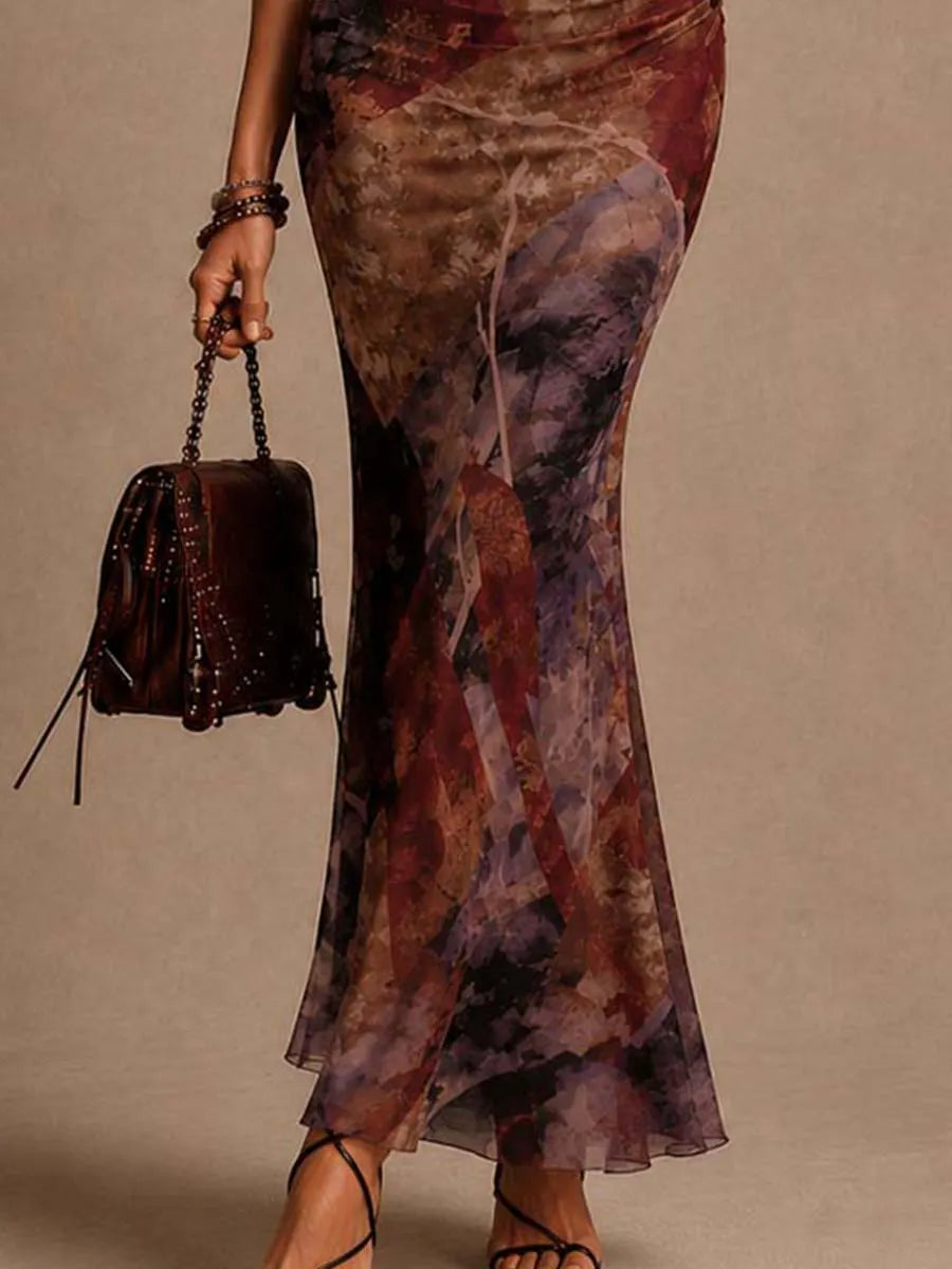 Off Shoulder Vintage Floral Mesh Ruched Mermaid Maxi Dress