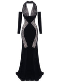 Long Sleeve Halter Lace Maxi Velvet Dress Black