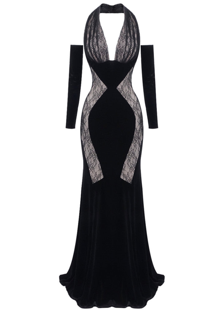 Long Sleeve Halter Lace Maxi Velvet Dress Black