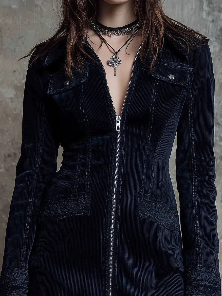 Navy Blue Corduroy Collared Zippered Lace-trimmed Mini Dress