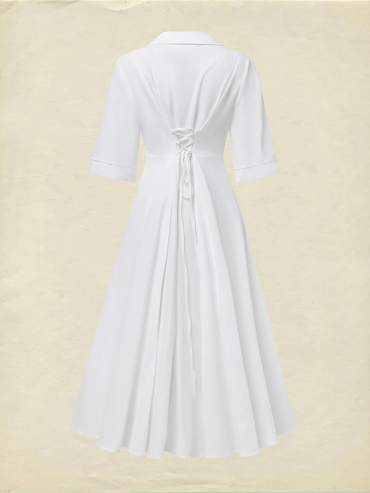 Linen Maxi Dress, Half Sleeve, Shawl Collar, Plain, Vintage, White