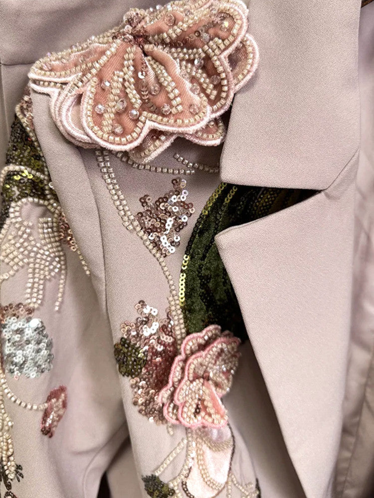 Long Sleeve Sequin Floral Suit Brown