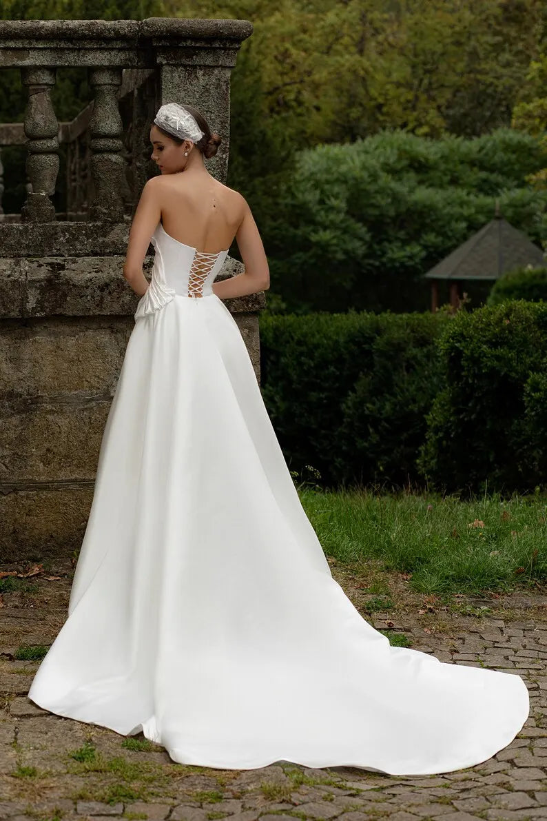 A-line wedding dress Firens, Satin wedding dress, Bridal gown, Ivory wedding dress,Wedding dress with slit
