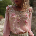 Vintage Boho Pink Flowers Lace Flowy Linen Tunic