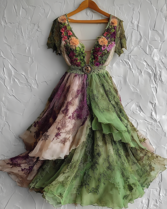 Elegant Green and Purple Lace Dress b7d1