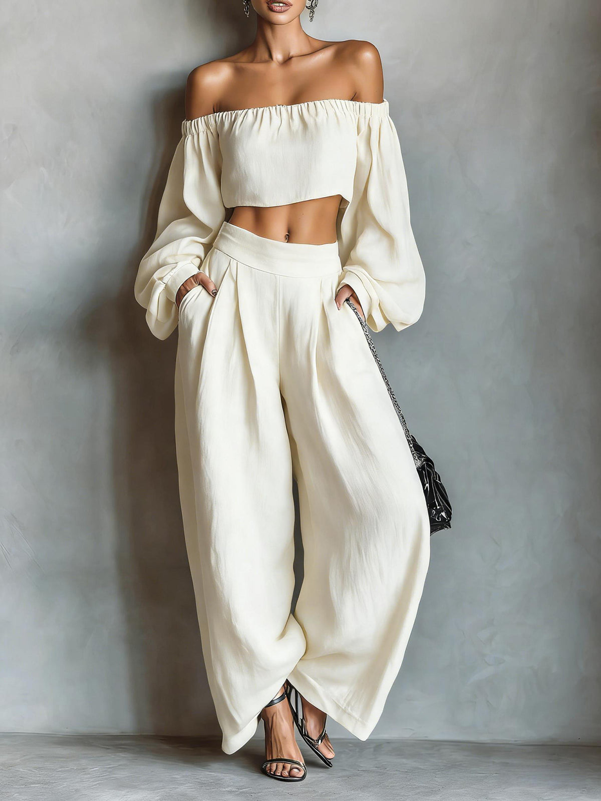 Momocco Elegant Off-Shoulder Puff Sleeve Two-Piece Set - Flowy Wide Leg Pants Resort Wear