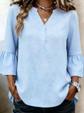 Women's V-neck Ruffled Cotton-linen Solid-color Loose-fit Mid-sleeve Shirt