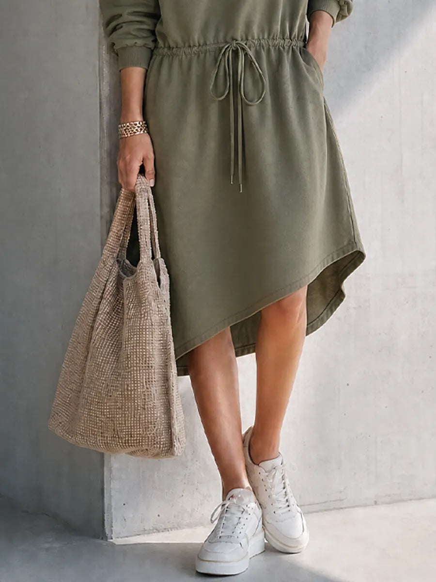 Women's Casual Workwear Style Army Green Cotton Blend Lapel Long Sleeve Drawstring Waist Midi Dress MDZ0726G9GMJ