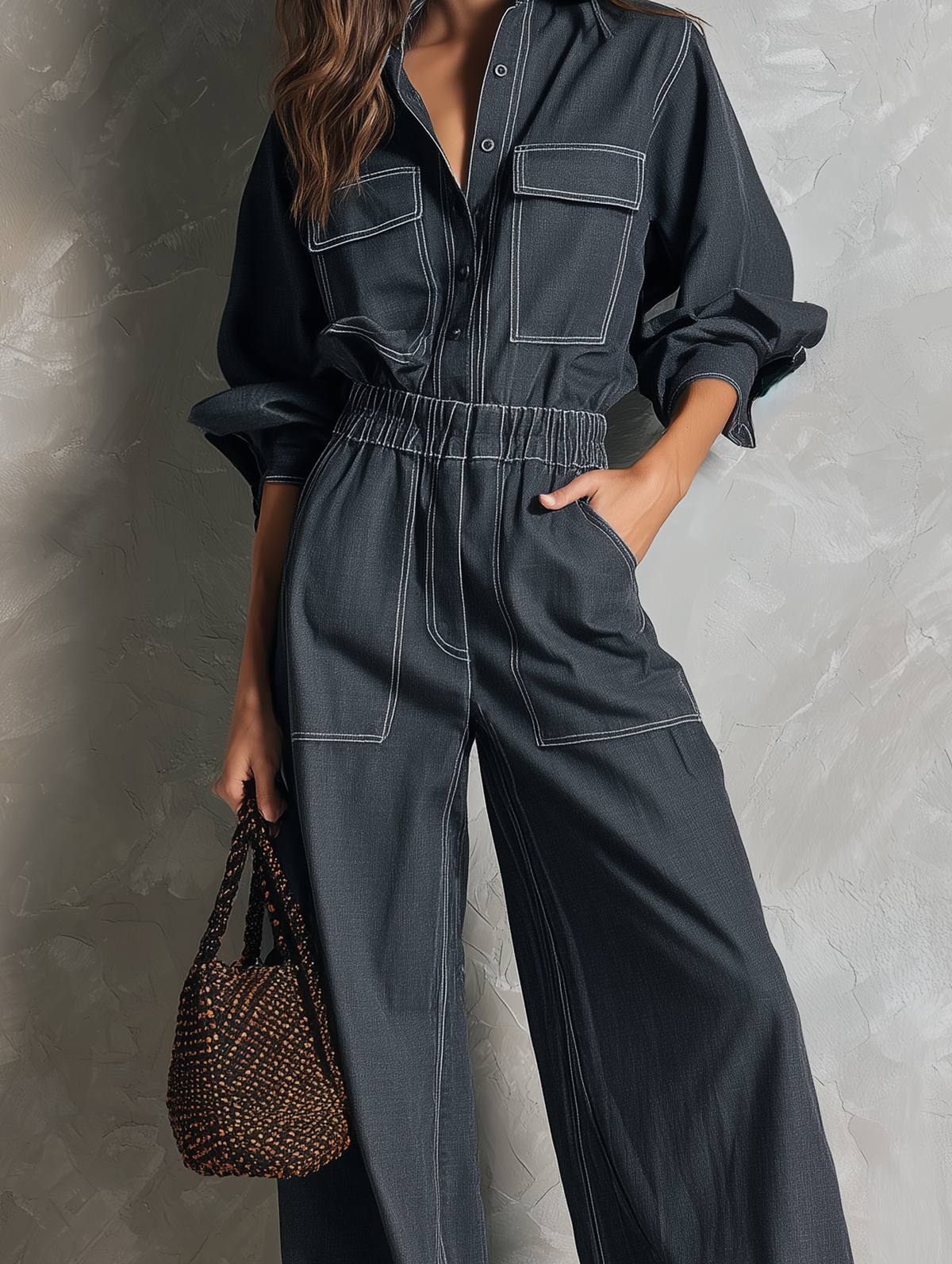 Women's Casual Dark Gray Cotton-linen Long-sleeve Shirt Jumpsuit MDZ2452G0LXY