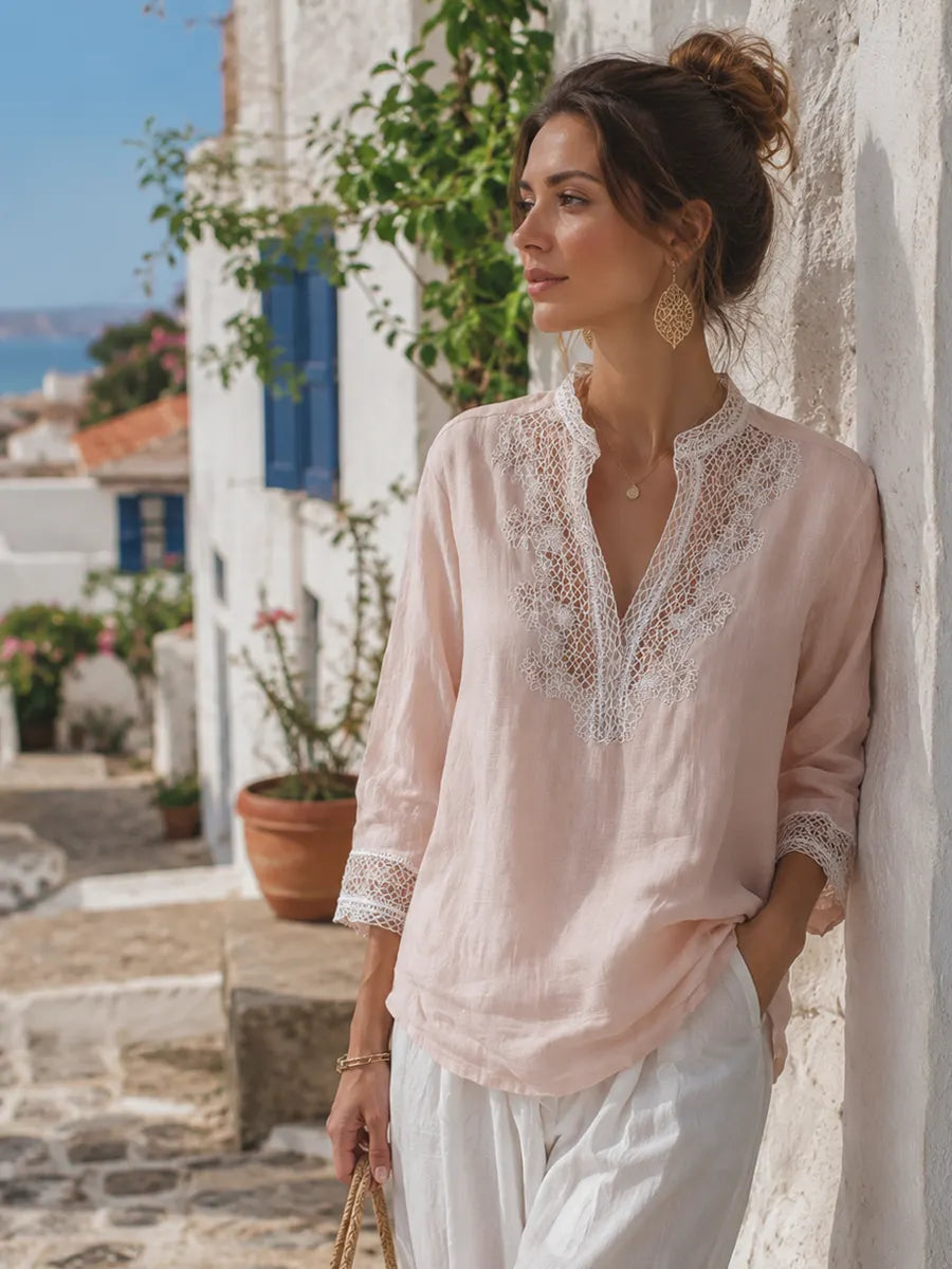 Delicate Blush Lace Trim Linen Blouse