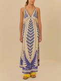 Unique Botanical And Floral Print V-Neck Halter Back Maxi Dress