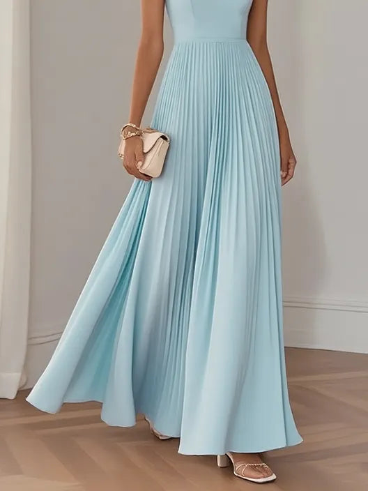 Light Blue Pleated Square Neck Sleeveless A-Line Maxi Dress