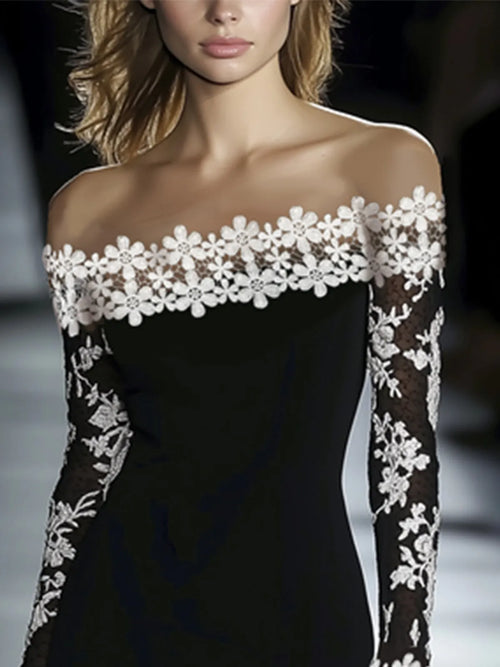 24-Hour-Shipping Lace Neckline Hip Dress