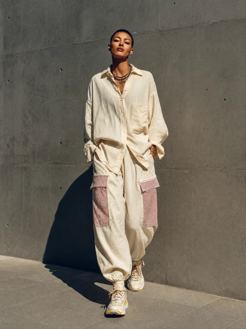 Women's Cream Linen Oversized Pocket Shirt Red White Stripe Patch Cargo Jogger Pants Two Piece Outfit Set MDZ0918G4YZJ