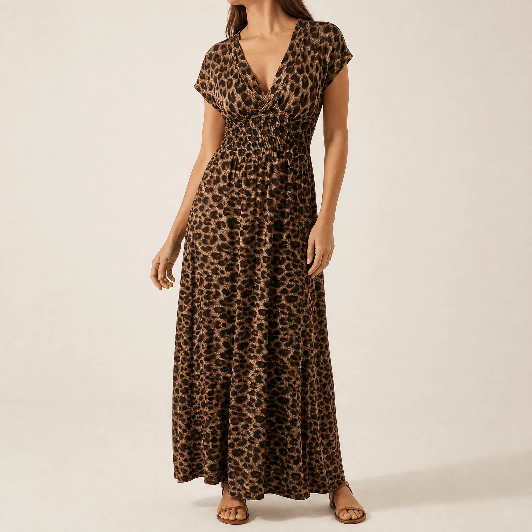 Vivara – Ruched Waist Leopard Maxi Dress