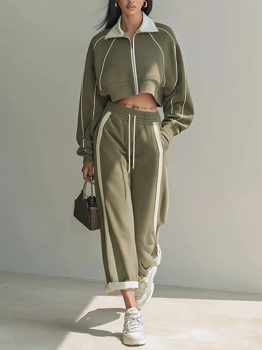 Women's Olive Cotton Blend Contrast Piping Cropped Zip Jacket & Wide Leg Sweatpants Set MDZ2223G4ZRK