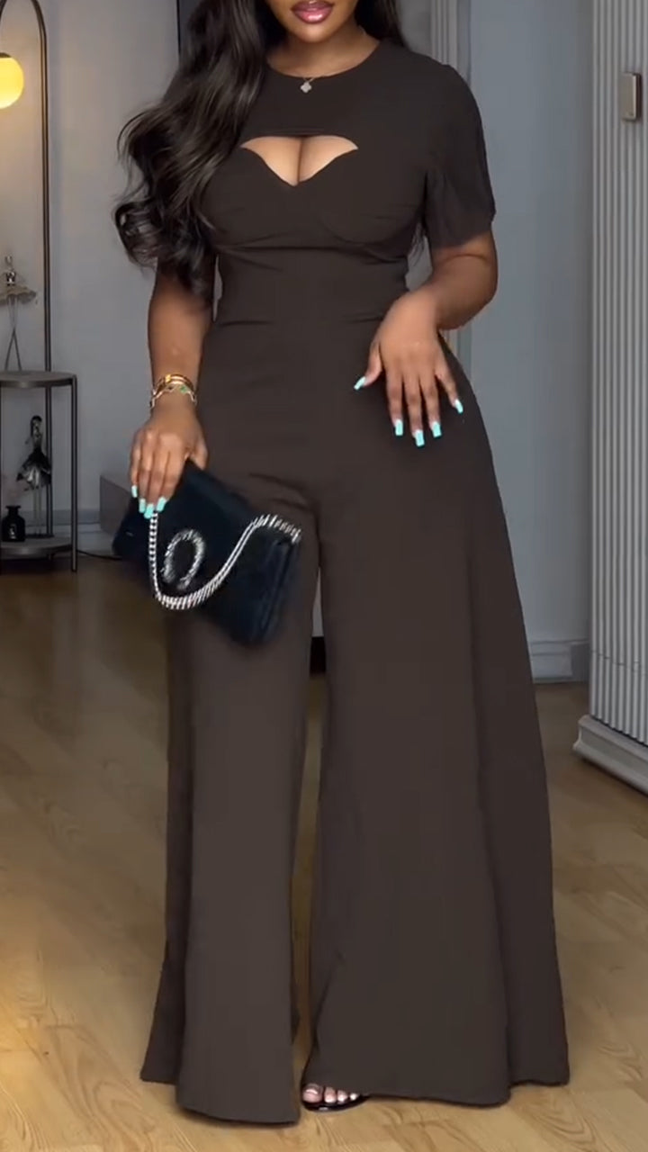 Women Round Neck Hollow Out Temperament Casual Wide Leg Jumpsuit