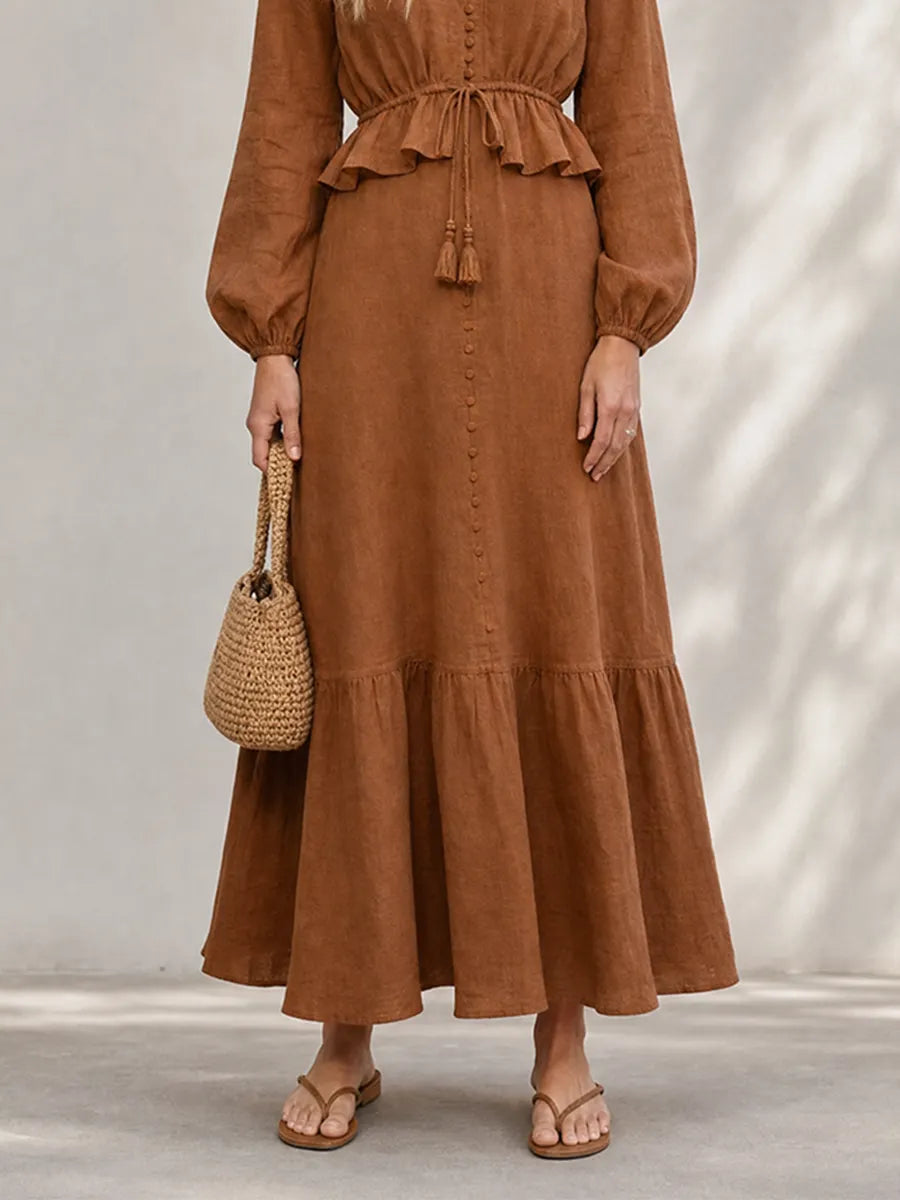 Women's Resort-Style Caramel Brown V-Neck Bishop-Sleeve Drawstring Belted Ruffle Cinched-Waist Linen Maxi Dress MDZ1658G7CMX