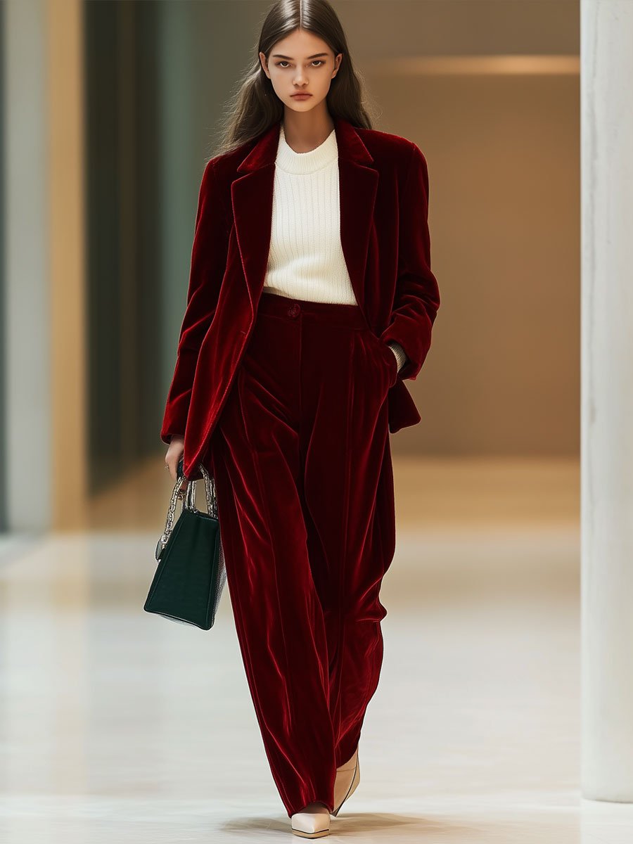 [24-hour shipping out]Casual Loose Retro Solid Color Velvet Pocket Suit Pants