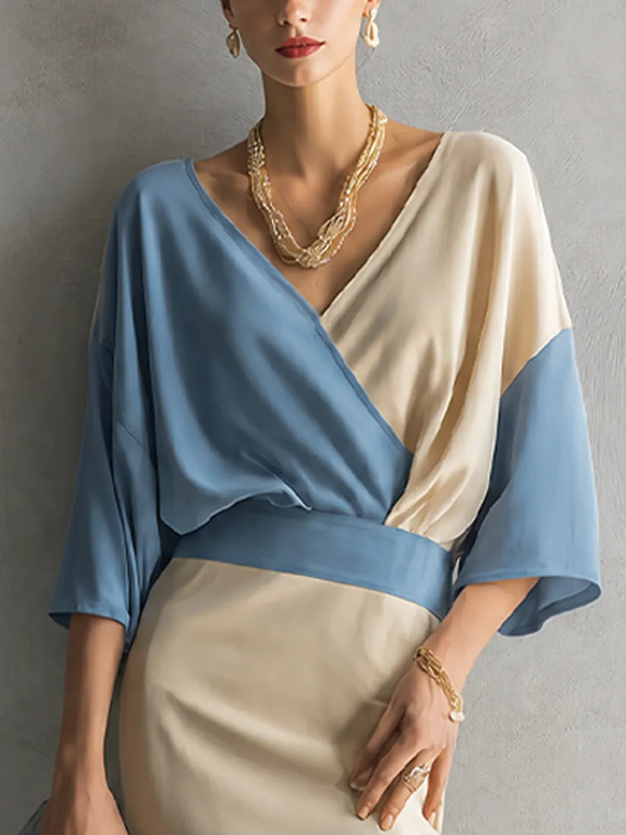 Women's Minimalist Premium Off White And Light Blue Cotton Blend V Neck Contrast Color Fitted Long Skirt Outfit MDZ0221G7GMJ