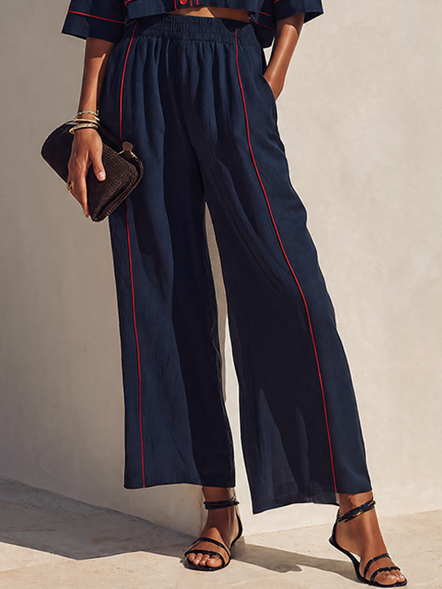 Women's Navy Cotton Linen Contrast Red Piping Cropped Shirt & Wide-Leg Pants Set MDZ2086G0ZRK