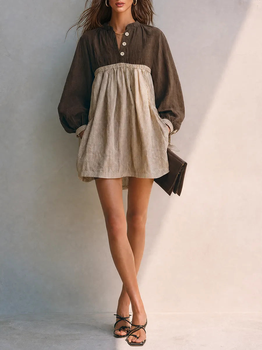 Women's Two-Tone Cotton Linen Stand Collar Balloon Sleeve Mini Dress MDZ2190G6ZRK