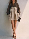 Women's Two-Tone Cotton Linen Stand Collar Balloon Sleeve Mini Dress MDZ2190G6ZRK