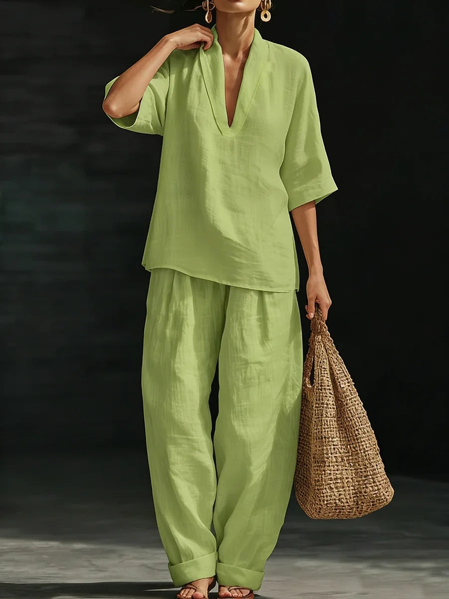 Momocco Coastal Chic 2-Piece Set - V-Neck Linen-Textured Tunic & Wide-Leg Pants Lounge Set