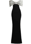 Crystal Bow Bardot Maxi Dress Black